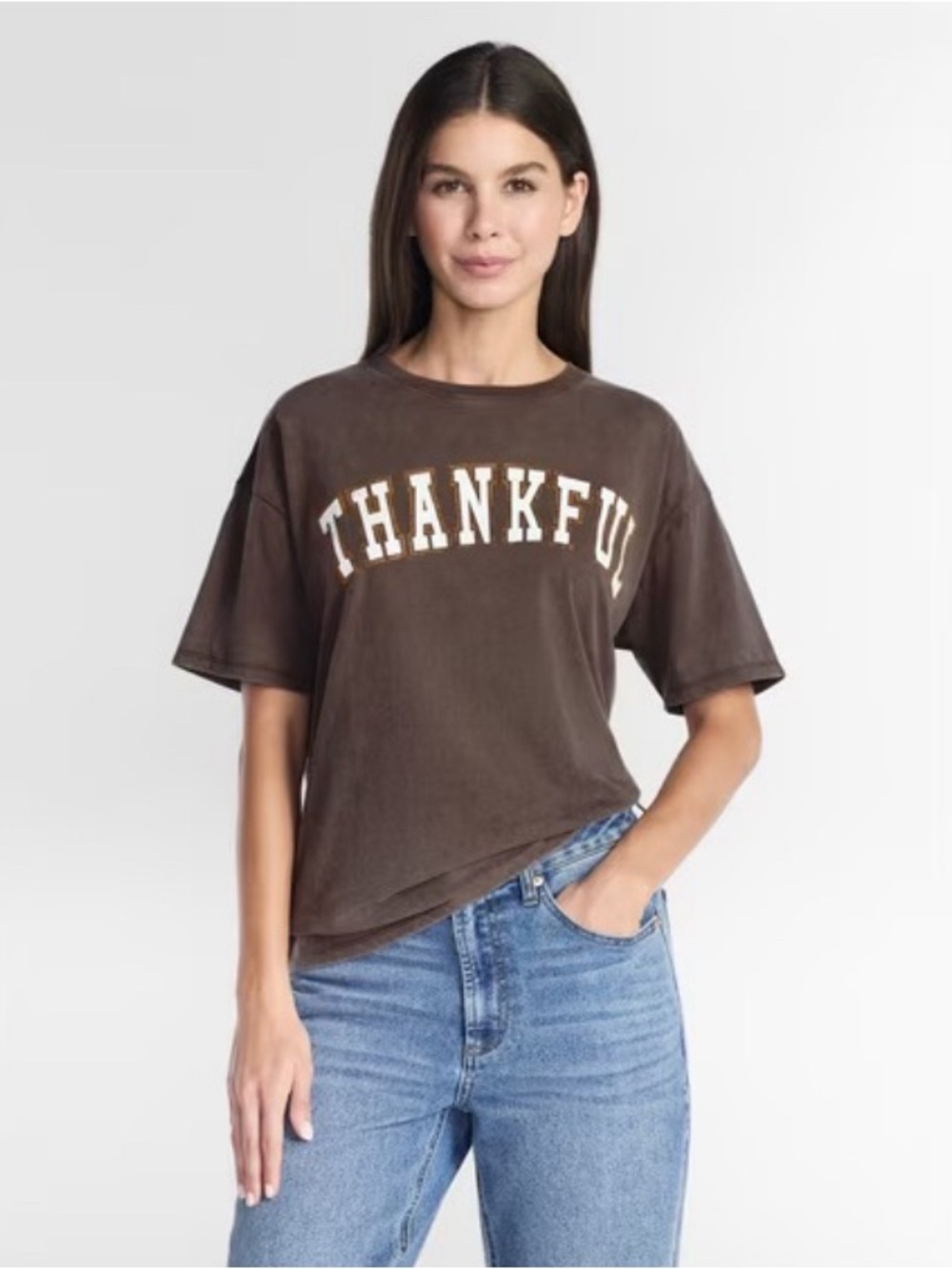 "Thankful" Brown Relaxed Crewneck Tee - Women